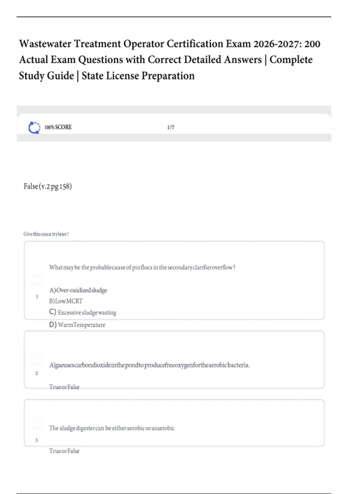 Wastewater Treatment Operator Certification Exam : 200 Actual Exam ...