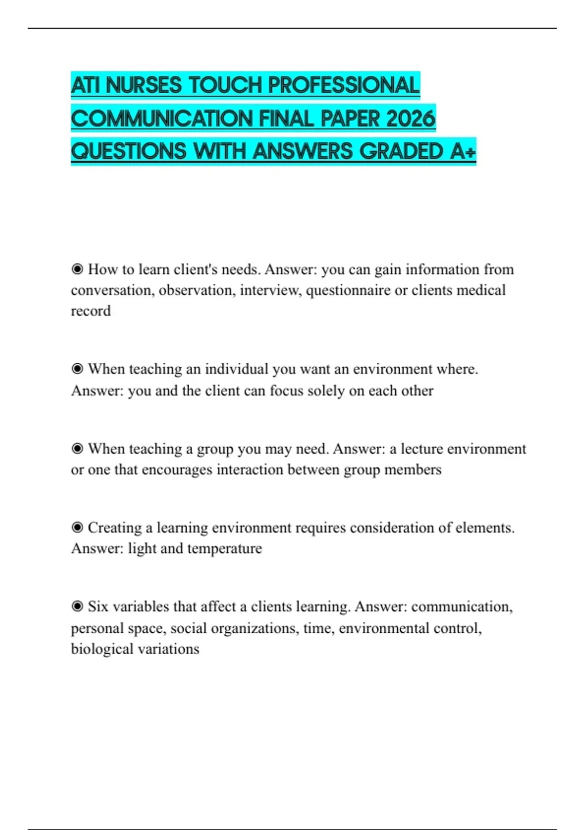ATI NURSES TOUCH PROFESSIONAL COMMUNICATION FINAL PAPER 2026 QUESTIONS ...