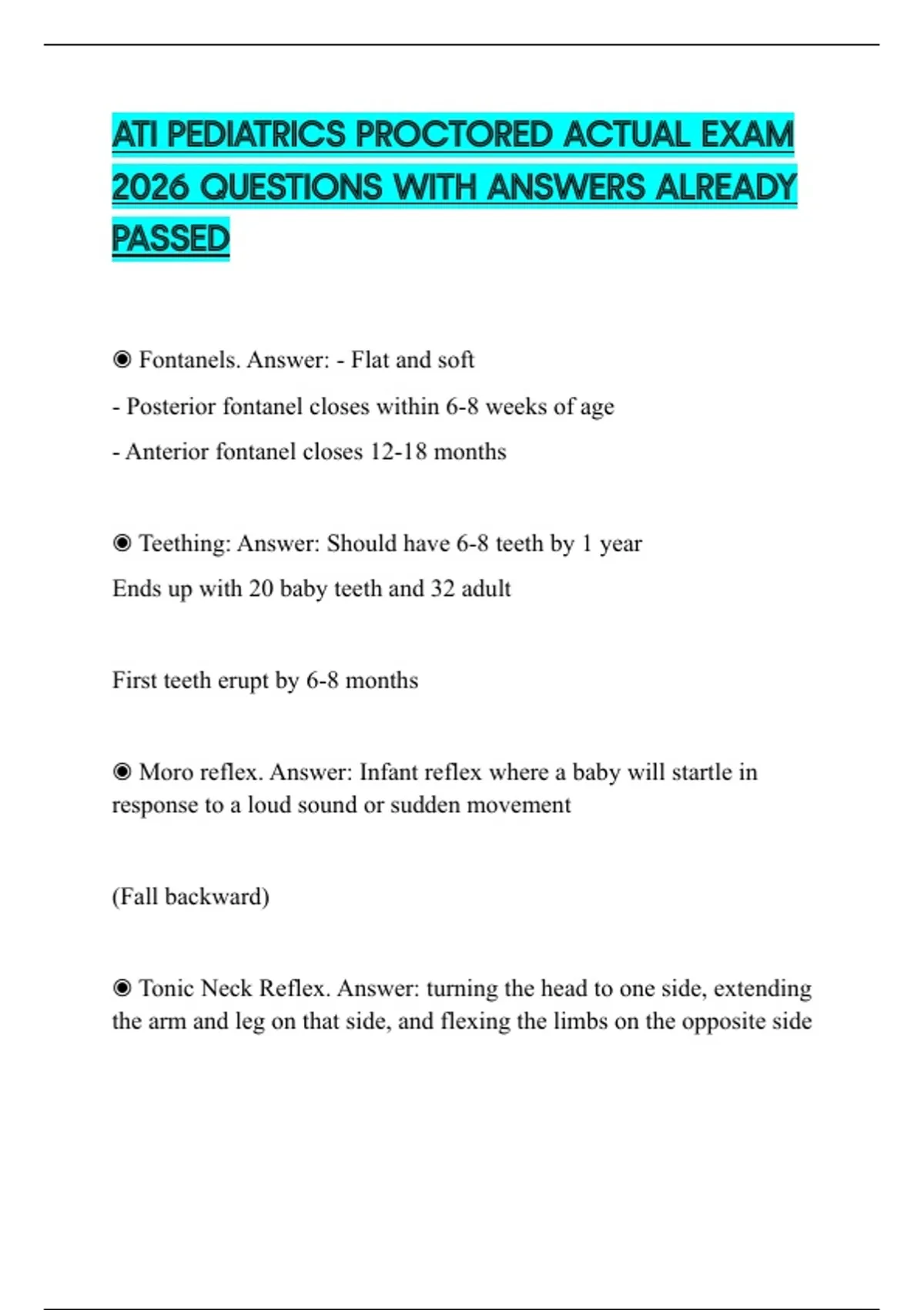 ATI PEDIATRICS PROCTORED ACTUAL EXAM 2026 QUESTIONS WITH ANSWERS ...