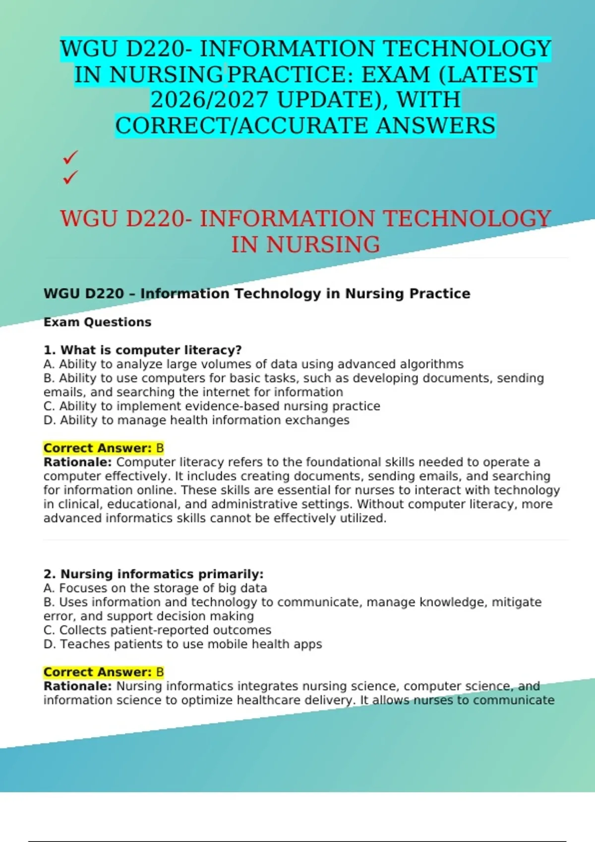 WGU D220- INFORMATION TECHNOLOGY IN NURSING PRACTICE: EXAM (LATEST 2026 ...
