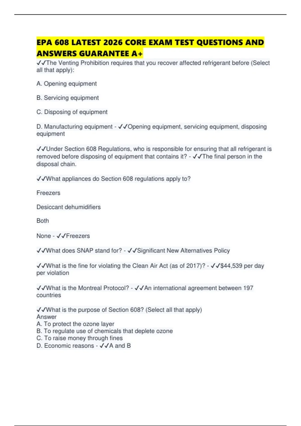 EPA 608 LATEST 2026 CORE EXAM TEST QUESTIONS AND ANSWERS GUARANTEE A+ ...