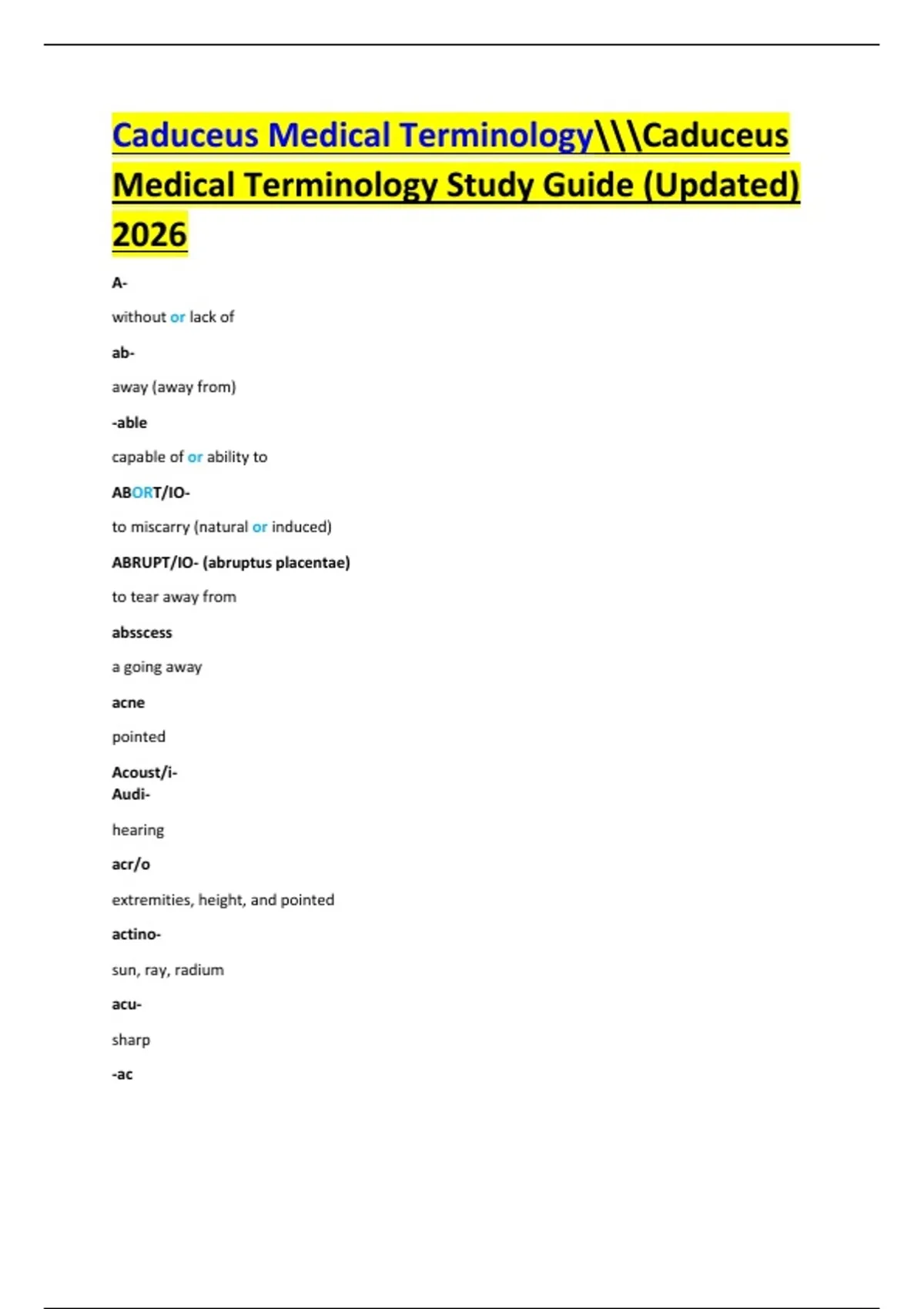 Caduceus Medical Terminology Study Guide (Updated) 2026 - Caduceus Key ...