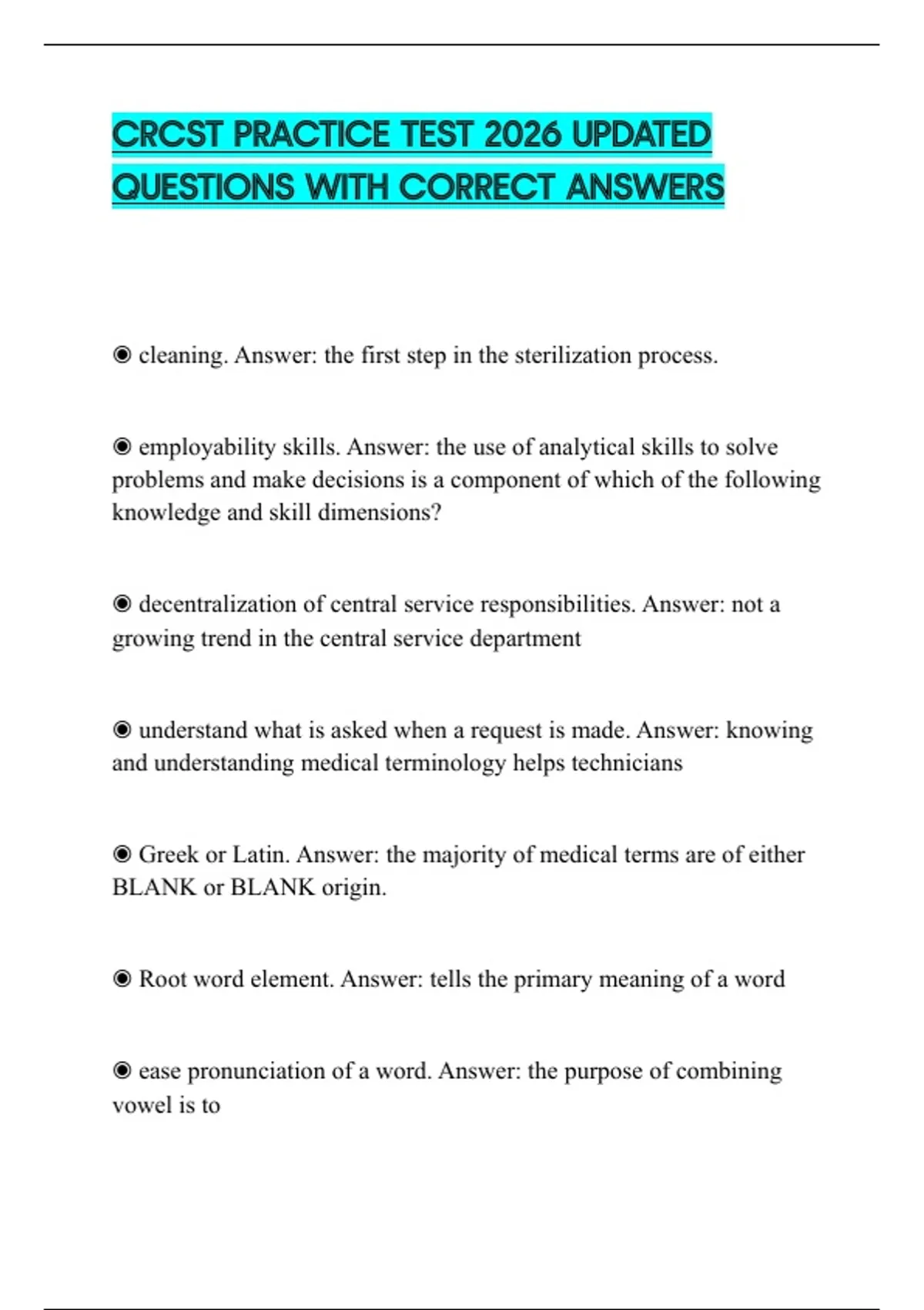 CRCST PRACTICE TEST 2026 UPDATED QUESTIONS WITH CORRECT ANSWERS - CRCST ...