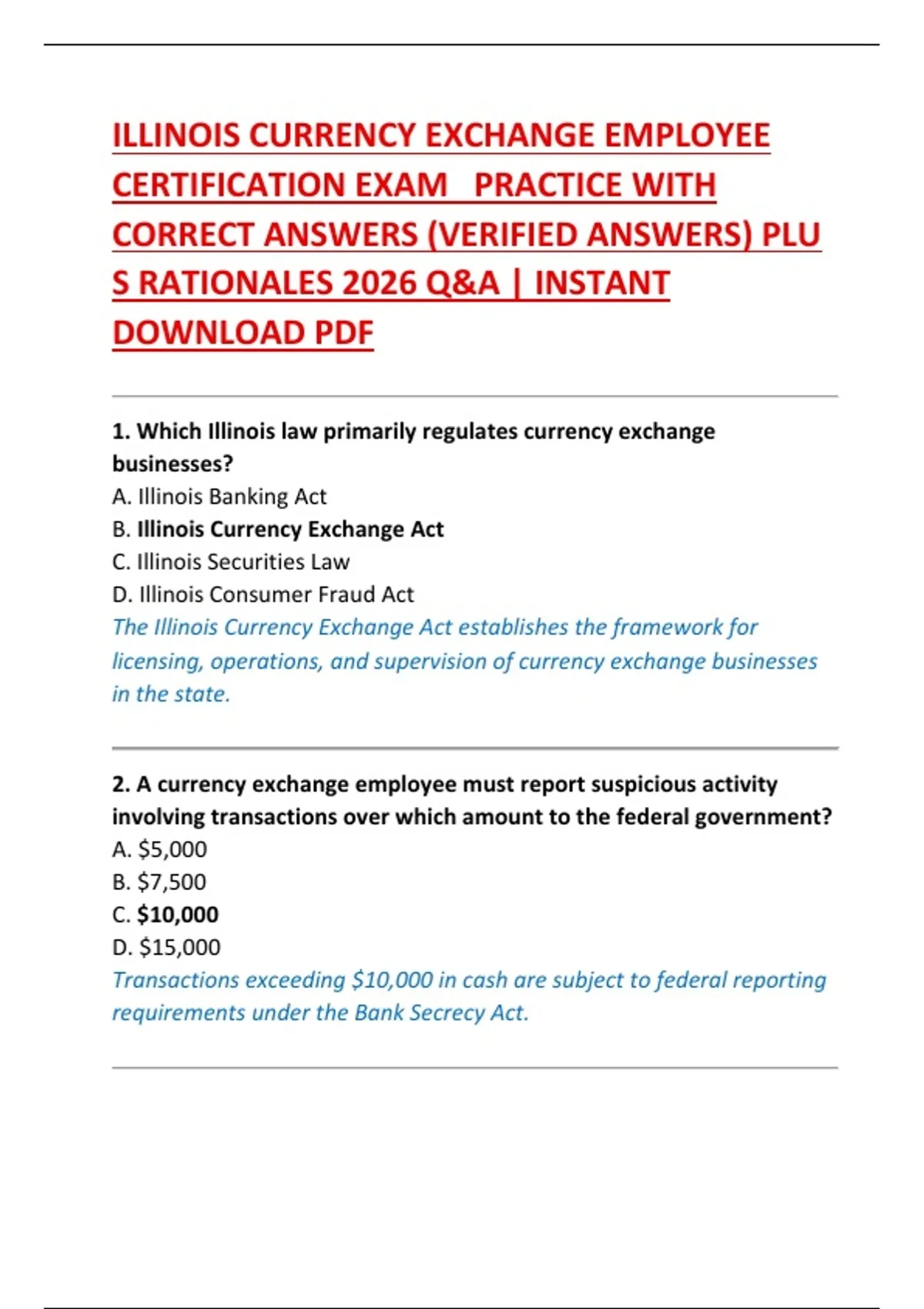 Exchange Check Answer ILLINOIS CURRENCY EXCHANGE EMPLOYEE CERTIFICATION EXAM PRACTICE WITH ...