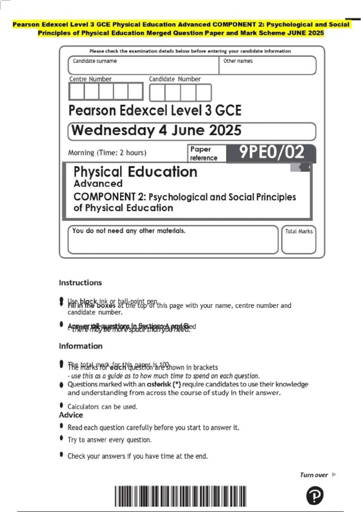 Pearson Edexcel Level 3 GCE Physical Education Advanced COMPONENT 2 ...