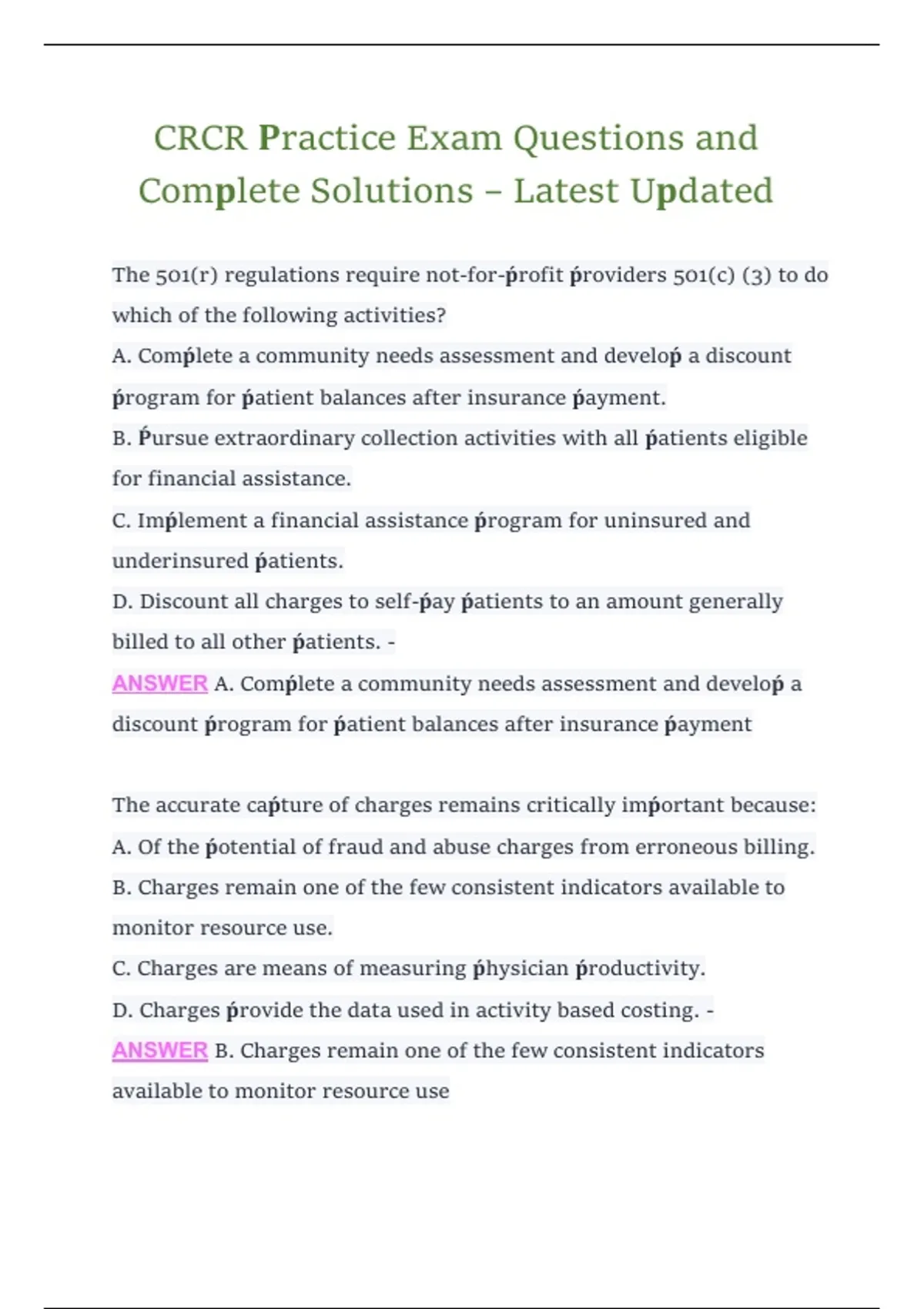 Certified Revenue Cycle Representative (CRCR) Practice Exam Questions ...