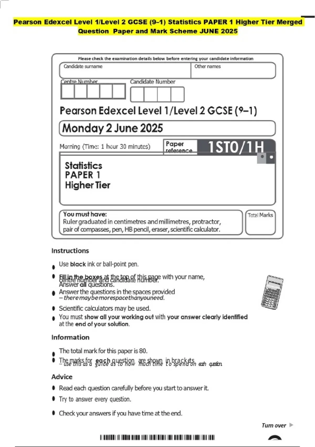 Pearson Edexcel Level 1/Level 2 GCSE (9–1) Statistics PAPER 1 Higher ...