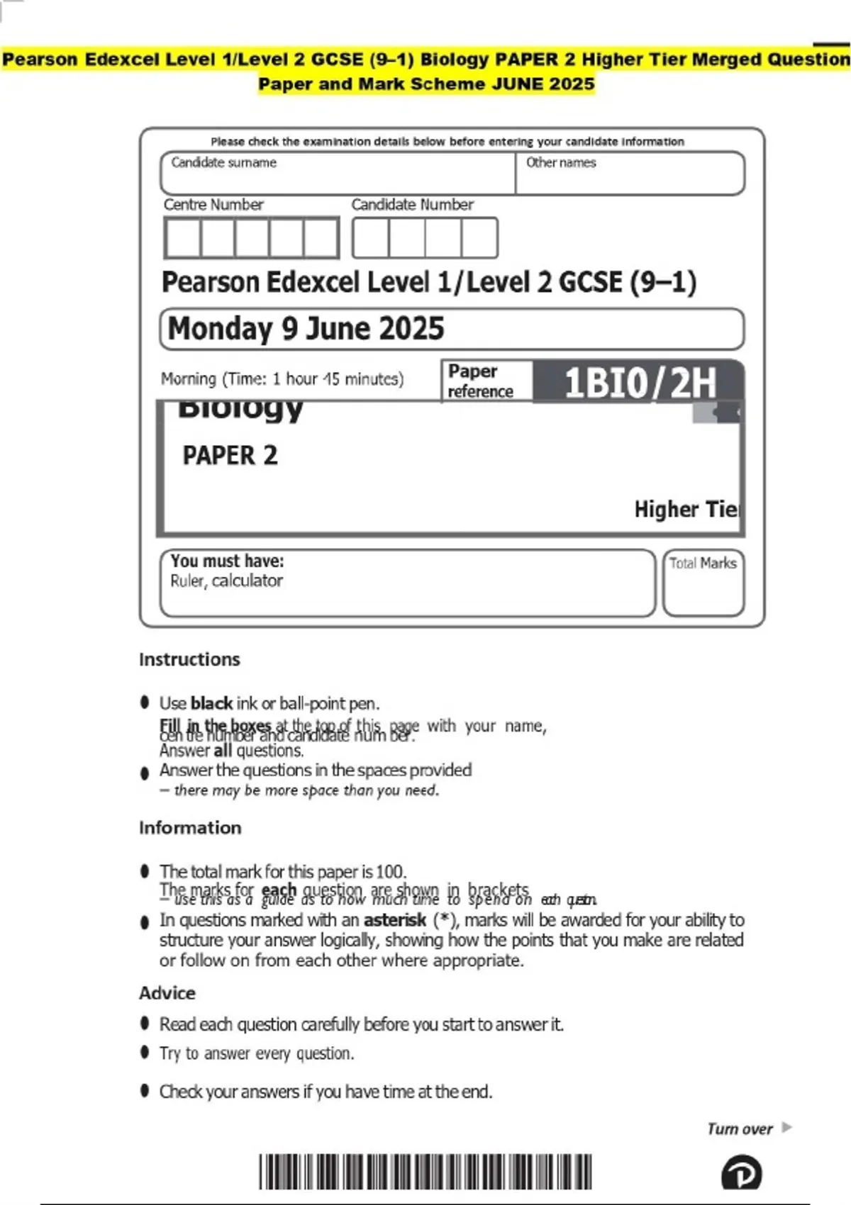 Pearson Edexcel Level 1/Level 2 GCSE (9–1) Biology PAPER 2 Higher Tier ...
