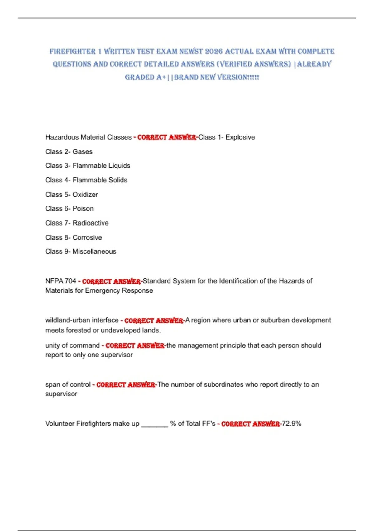 FireFighter 1 Written test exam neWst 2026 actual exam With complete ...