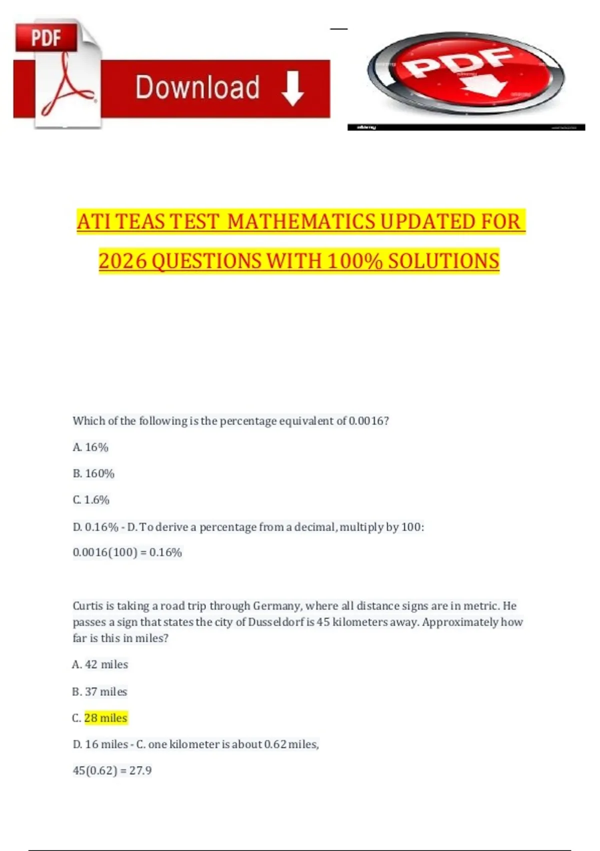 ATI TEAS Mathematics 2026 – Updated Practice Questions with Complete ...