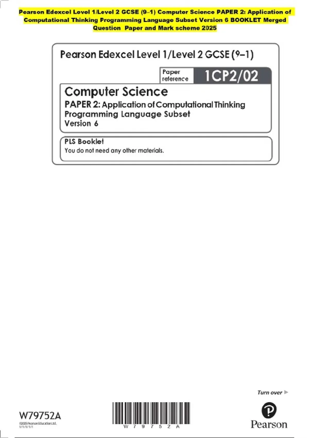 Pearson Edexcel Level 1/Level 2 GCSE (9–1) Computer Science PAPER 2 ...