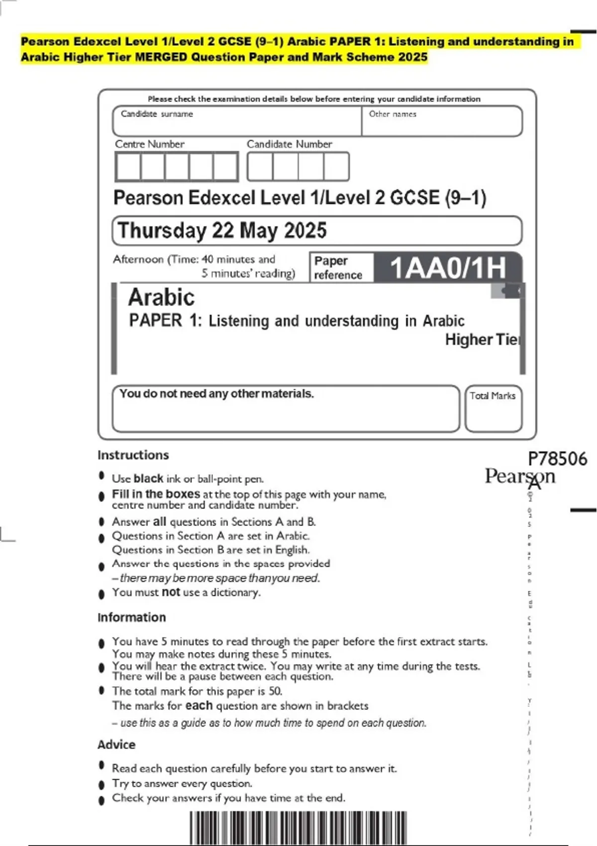 Pearson Edexcel Level 1/Level 2 GCSE (9–1) Arabic PAPER 1: Listening ...