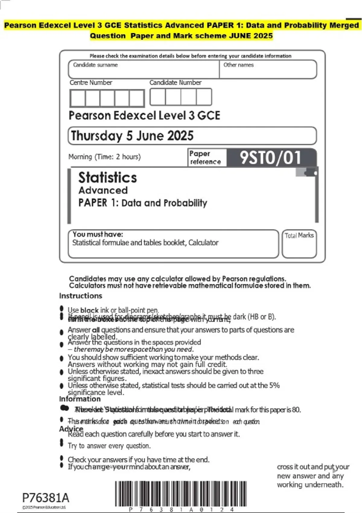 Pearson Edexcel Level 3 GCE Statistics Advanced PAPER 1: Data and ...