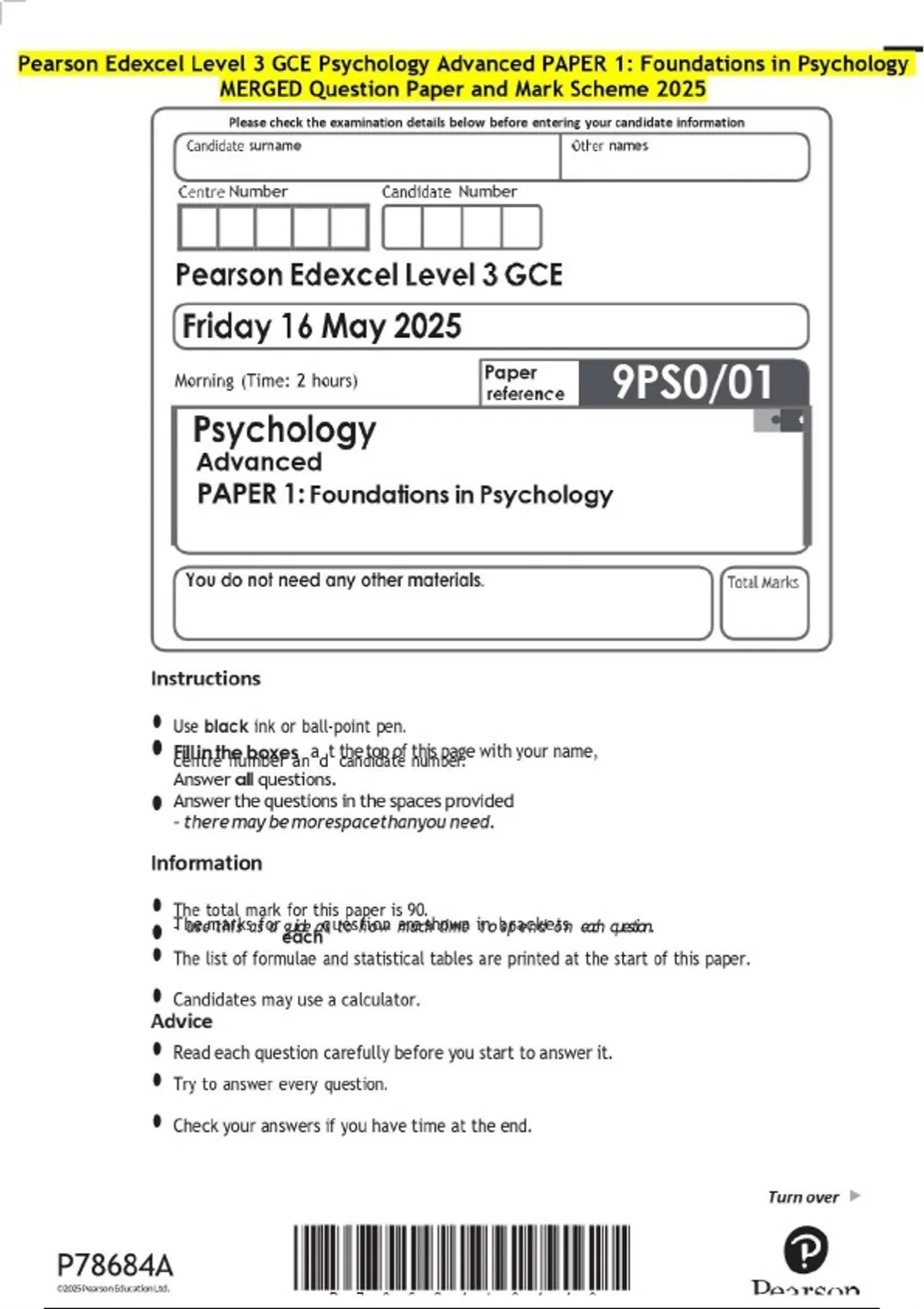 Pearson Edexcel Level 3 GCE Psychology Advanced PAPER 1: Foundations in ...