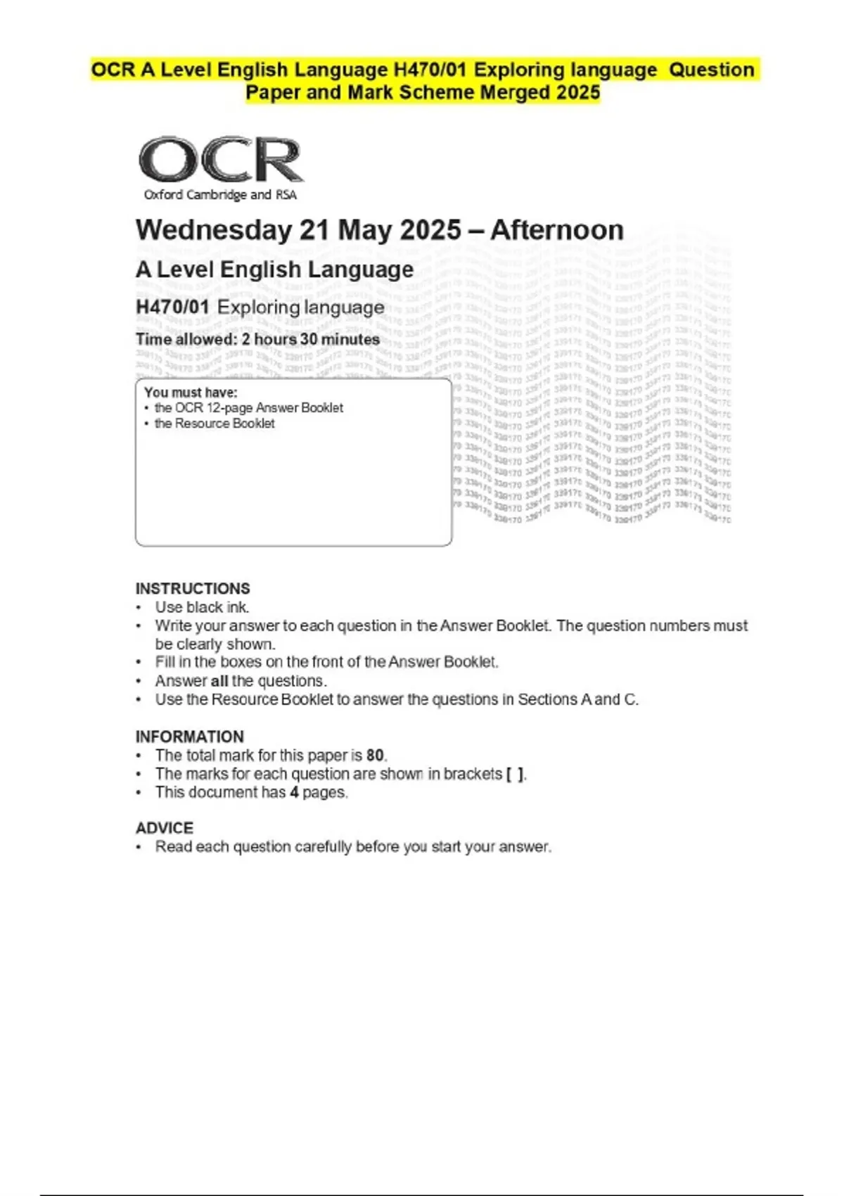 OCR A Level English Language H470/01 Exploring language Question Paper ...