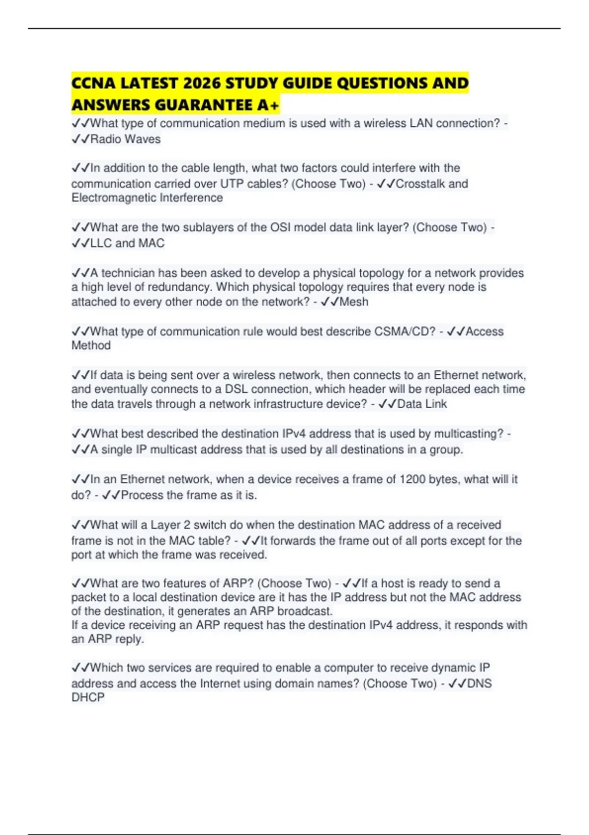 CCNA LATEST 2026 STUDY GUIDE QUESTIONS AND ANSWERS GUARANTEE A+ - CCNA ...