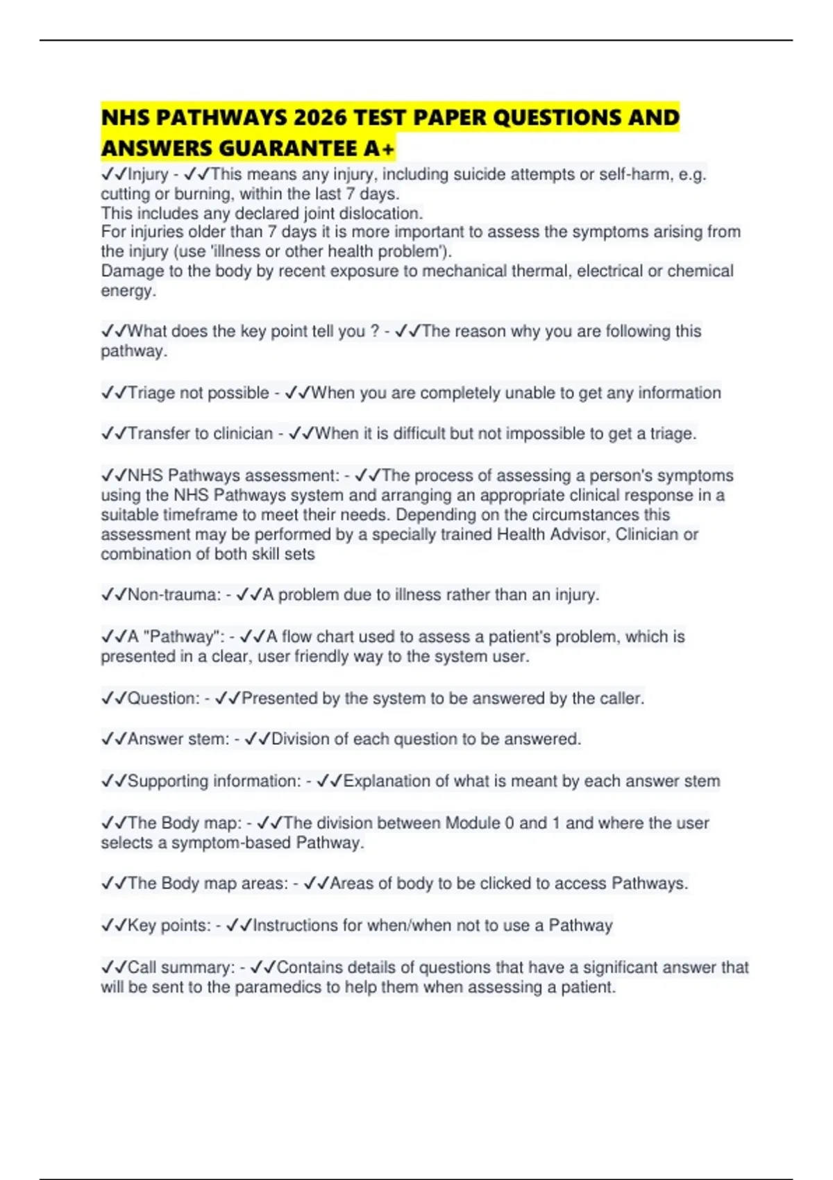 NHS PATHWAYS 2026 TEST PAPER QUESTIONS AND ANSWERS GUARANTEE A+ - NHS ...