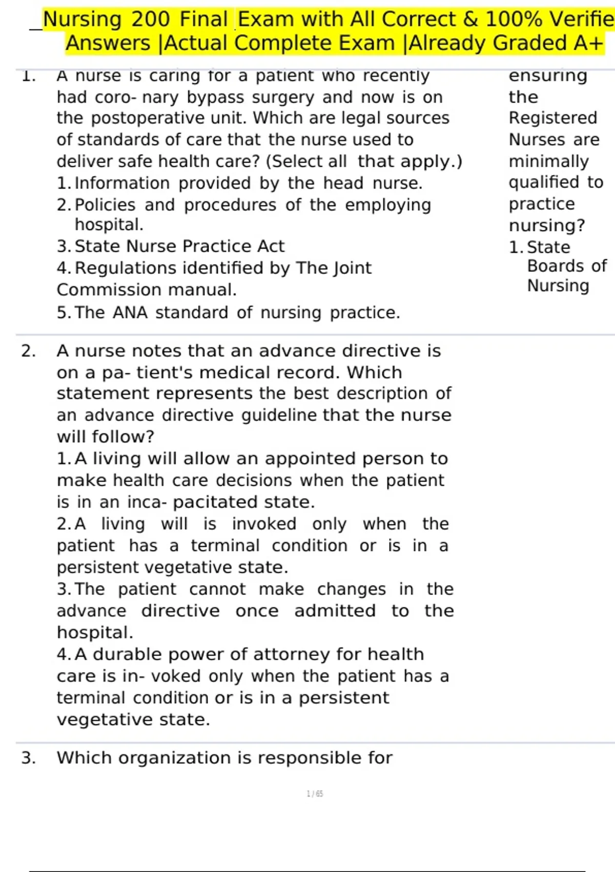 Nursing 200 Final Exam with All Correct & 100% Verified Answers |Actual ...