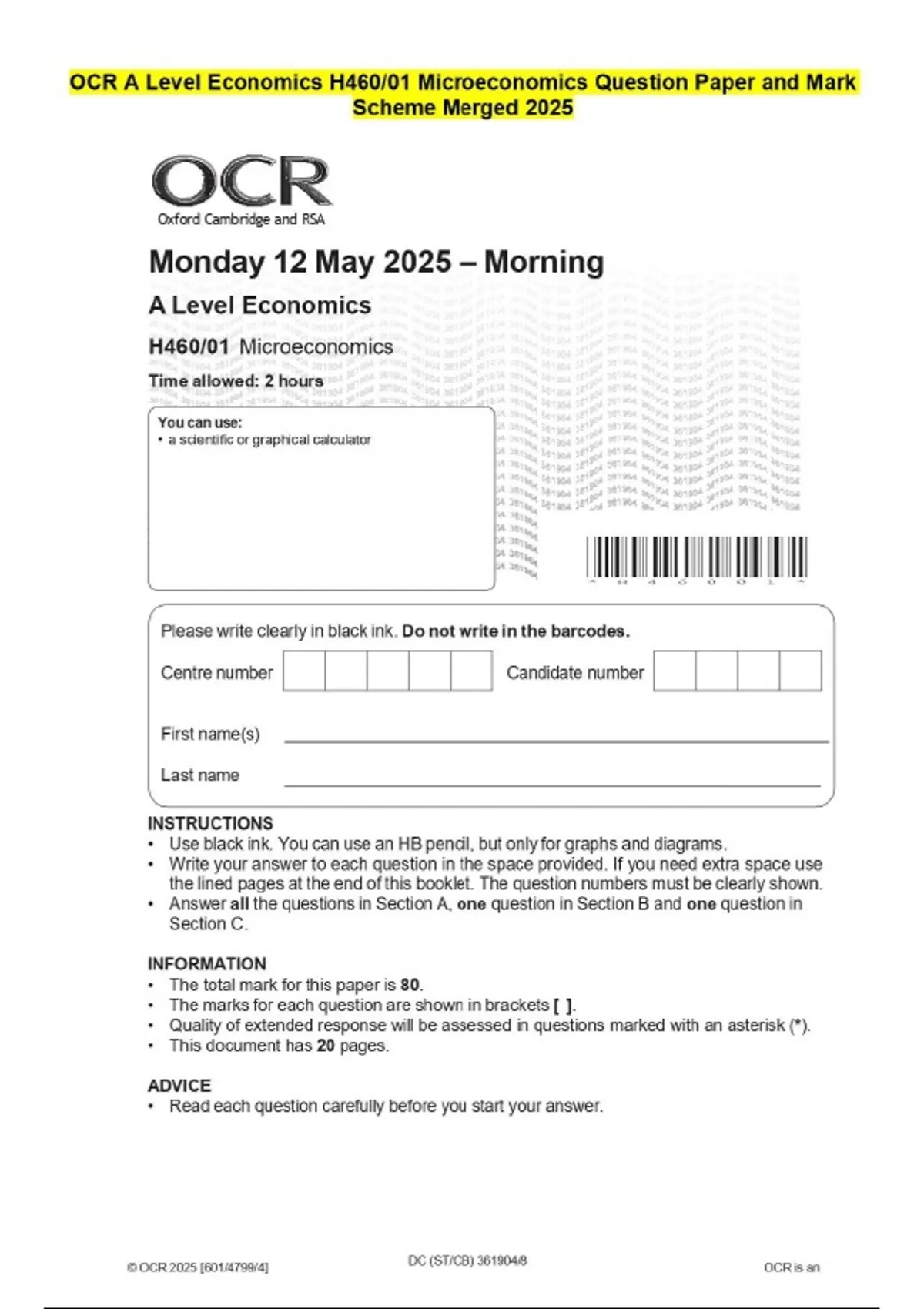 OCR A Level Economics H460/01 Microeconomics Question Paper and Mark ...