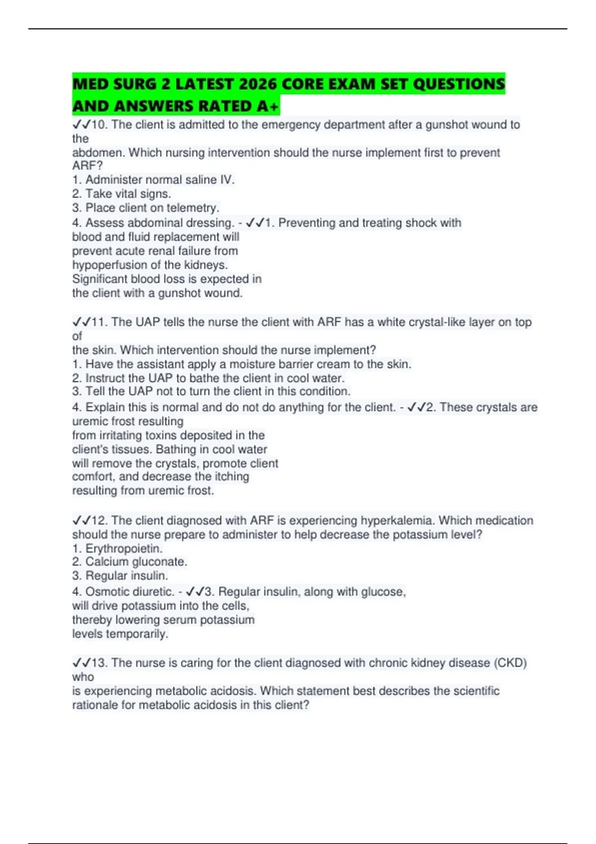 MED SURG 2 LATEST 2026 CORE EXAM SET QUESTIONS AND ANSWERS RATED A+ ...