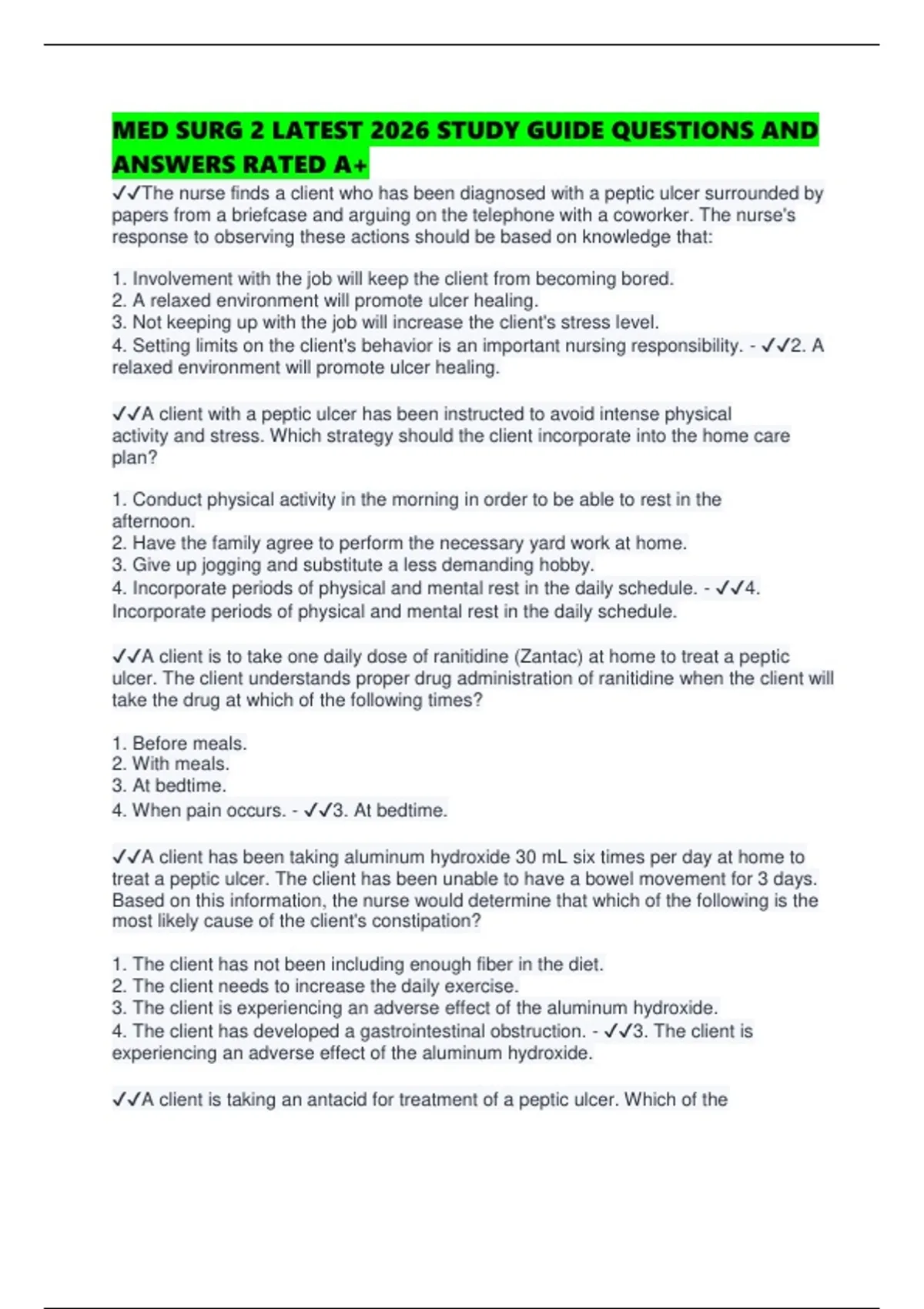 MED SURG 2 LATEST 2026 STUDY GUIDE QUESTIONS AND ANSWERS RATED A+ - Med ...