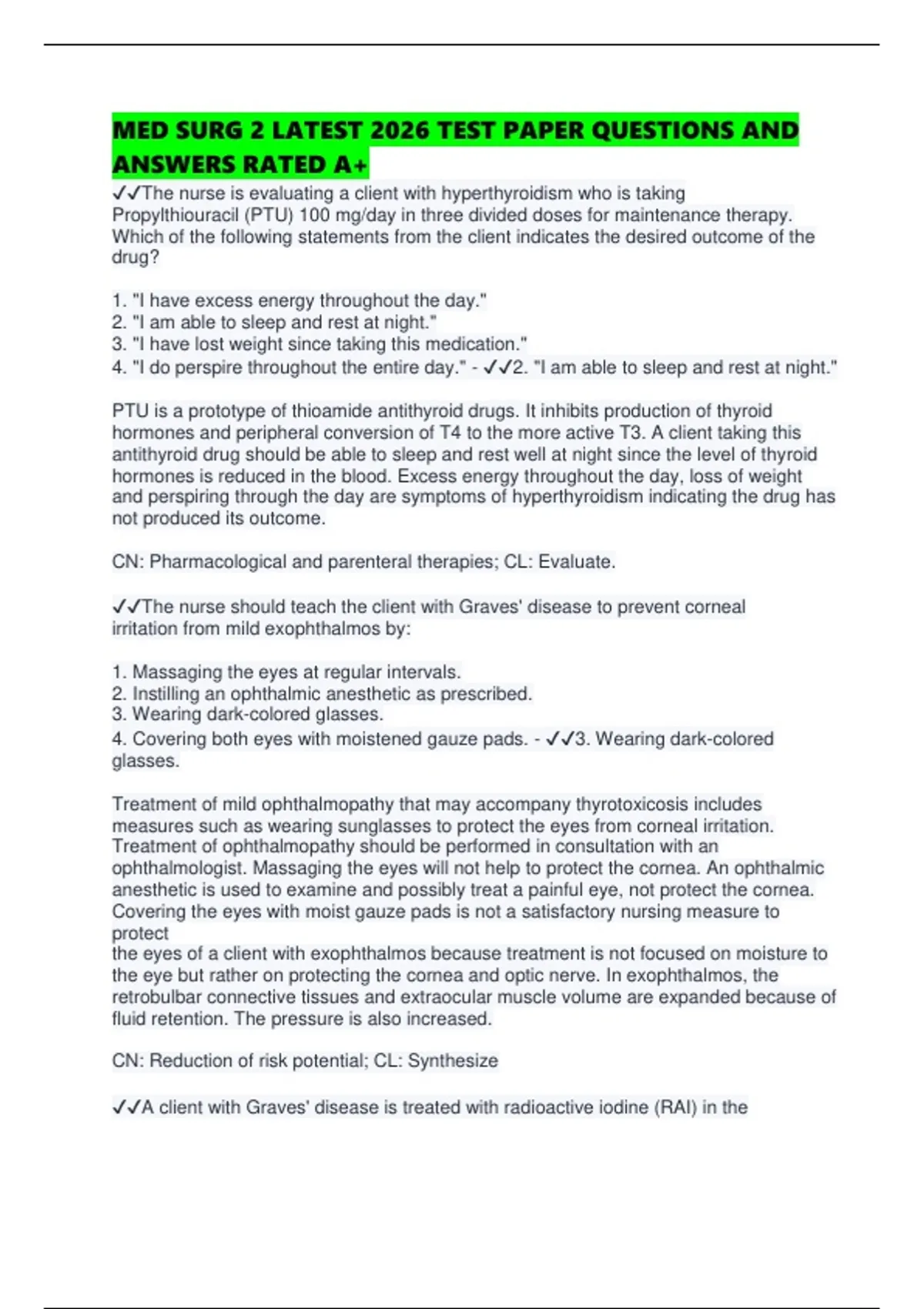 MED SURG 2 LATEST 2026 TEST PAPER QUESTIONS AND ANSWERS RATED A+ - Med ...