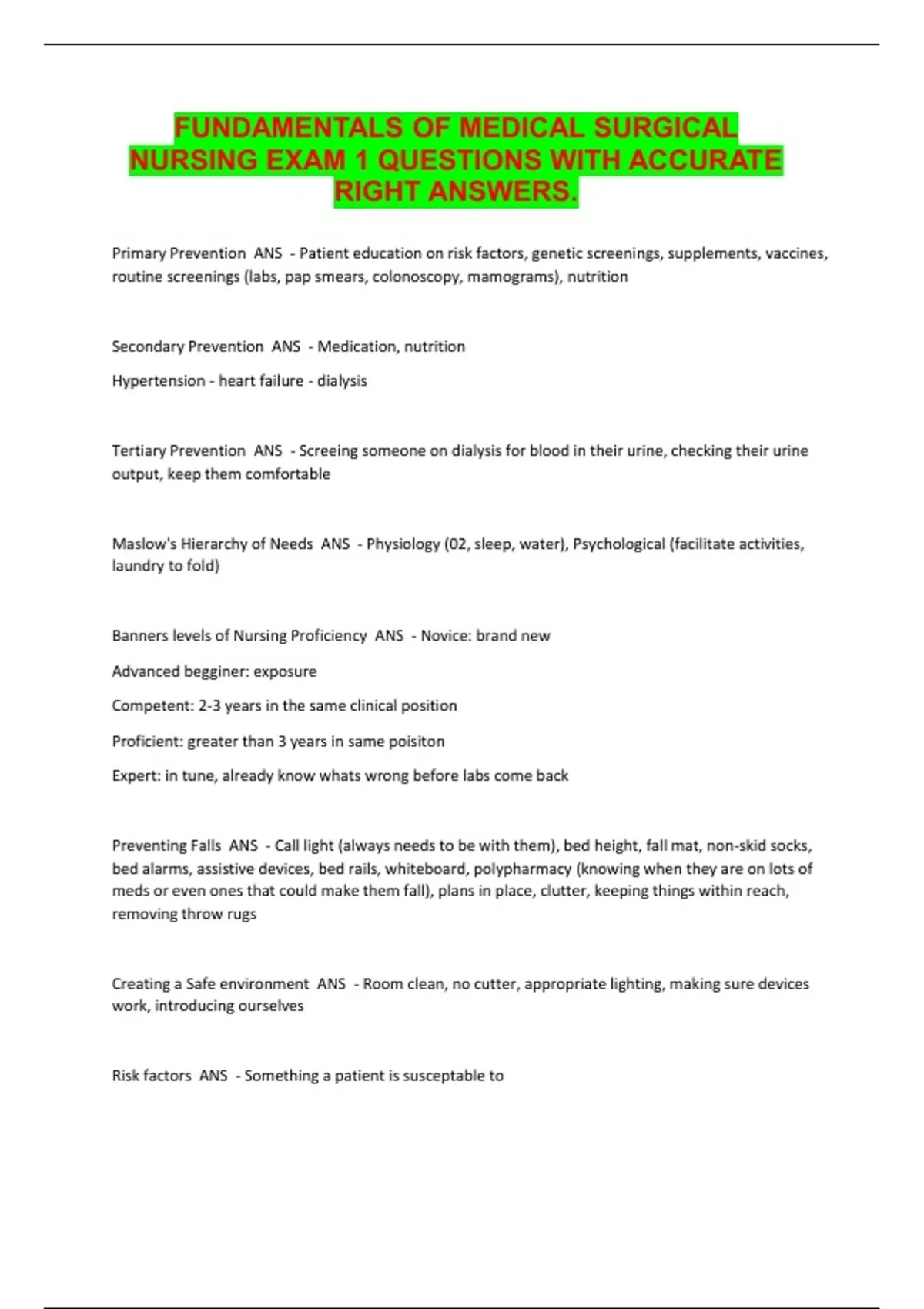 FUNDAMENTALS OF MEDICAL SURGICAL NURSING EXAM 1 QUESTIONS WITH ACCURATE ...