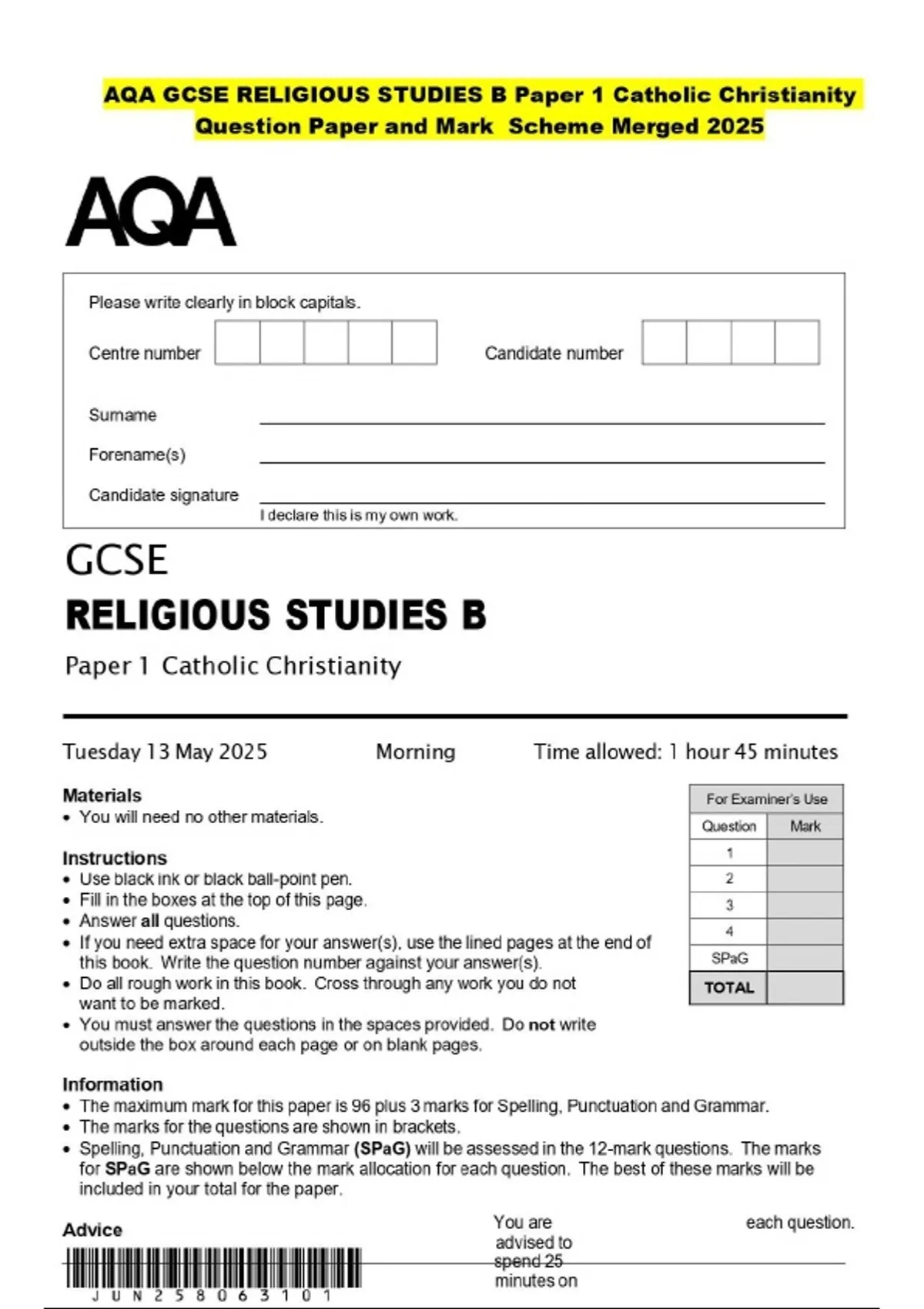 Catholic Note Taking Paper.pdf AQA GCSE RELIGIOUS STUDIES B Paper 1 Catholic Christianity Question ...