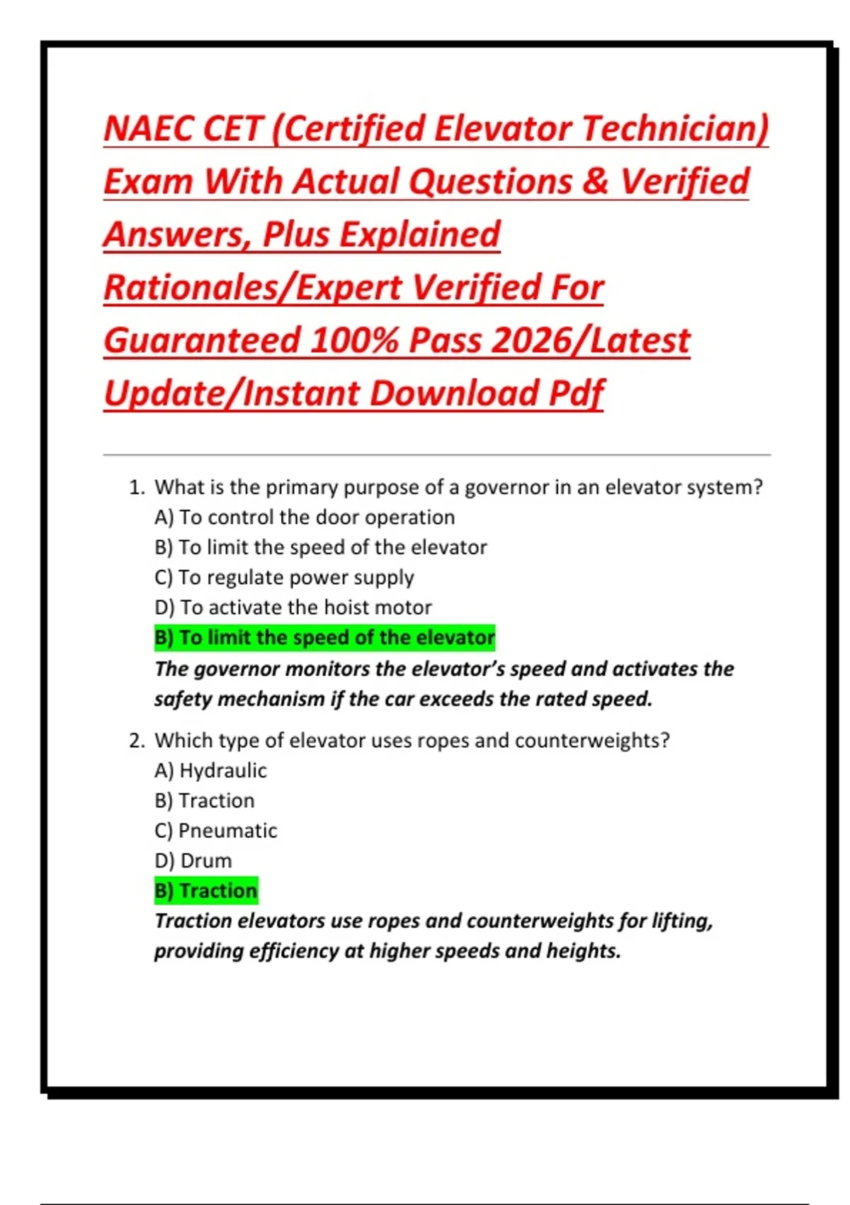 NAEC CET (Certified Elevator Technician) Exam With Actual Questions &amp; Verified Answers, Plus ...