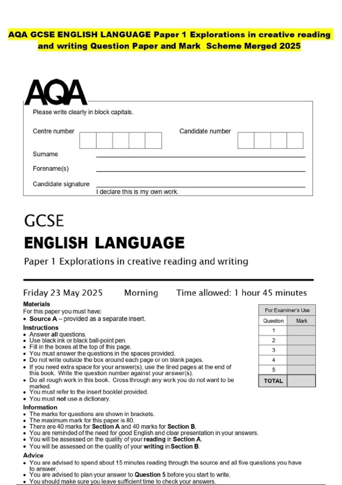 AQA GCSE ENGLISH LANGUAGE Paper 1 Explorations in creative reading and ...