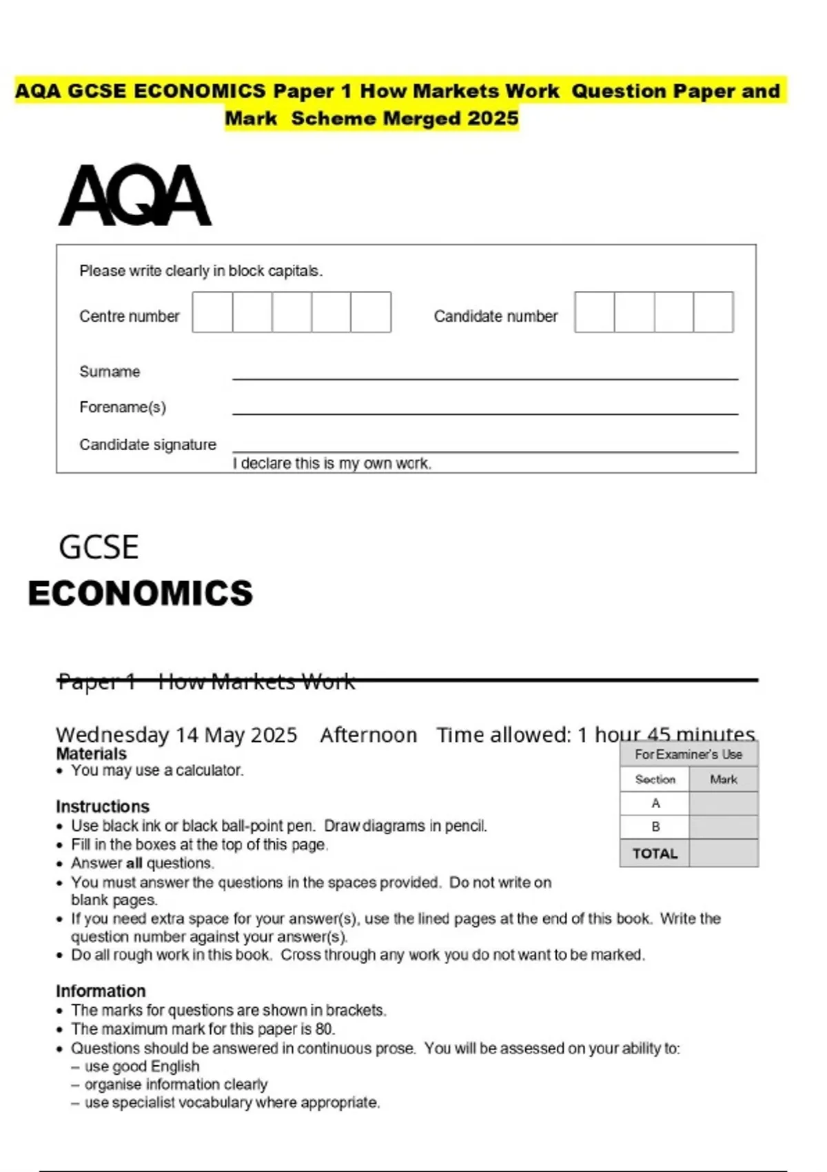 AQA GCSE ECONOMICS Paper 1 How Markets Work Question Paper and Mark ...