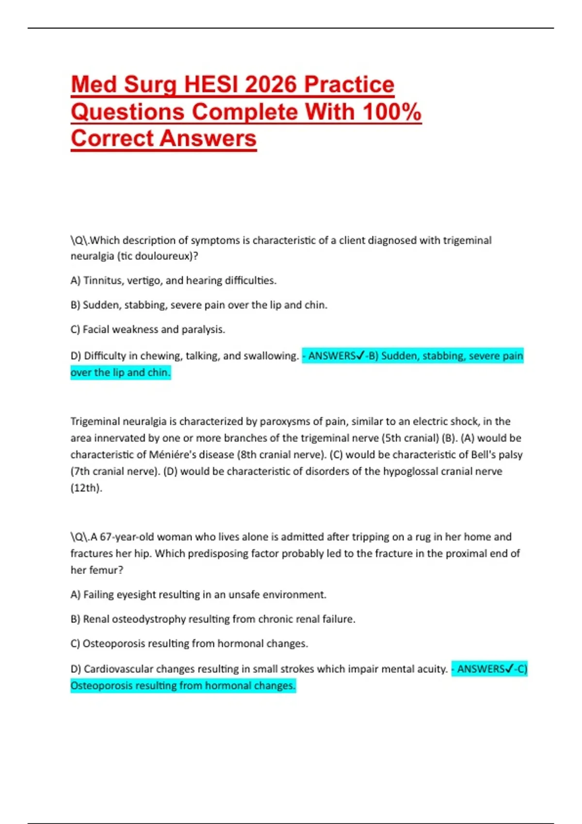 Med Surg HESI 2026 Practice Questions Complete With 100% Correct ...