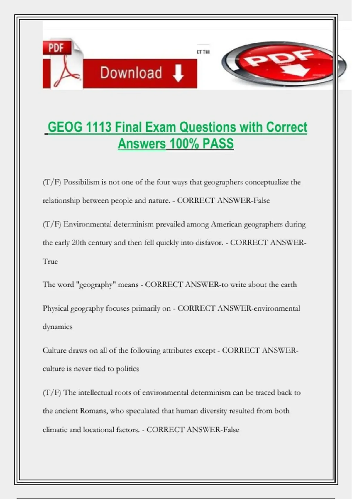 GEOG 1113 Final Exam Questions with Correct Answers 100% PASS - GEOG ...
