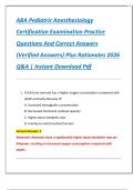 ABA Pediatric Anesthesiology  Certification Examination Practice  Questions And Correct Answers  &lpar;Verified Answers&rpar; Plus Rationales 2026  Q&A &vert; Instant Download Pdf