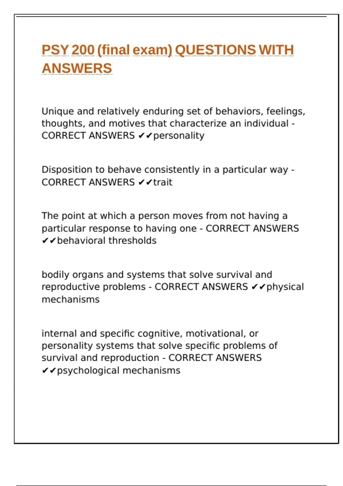 PSY 200 (final exam) QUESTIONS WITH ANSWERS - Psychology 200 - Stuvia US