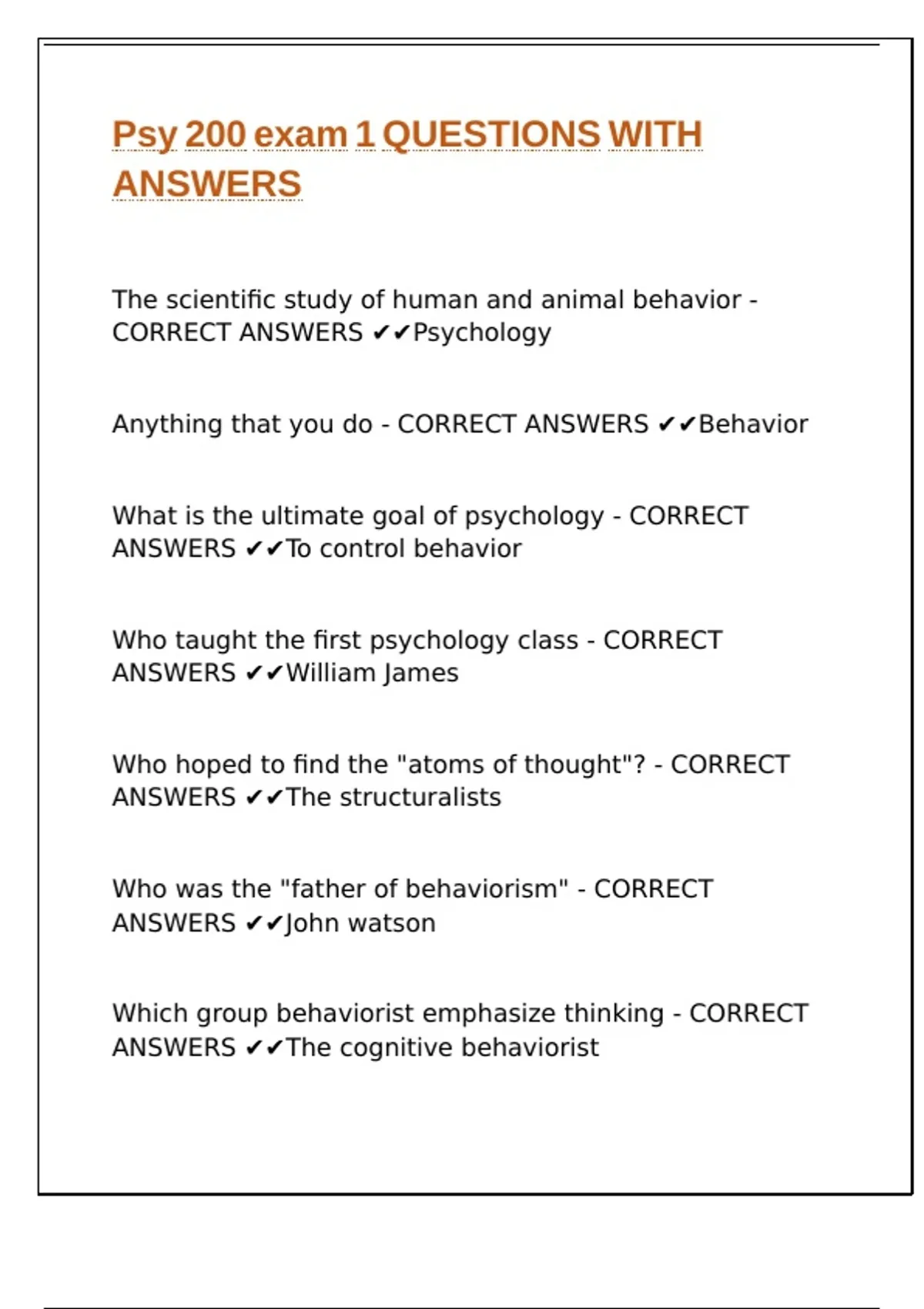 Psy 200 exam 1 QUESTIONS WITH ANSWERS - Psychology 200 - Stuvia US