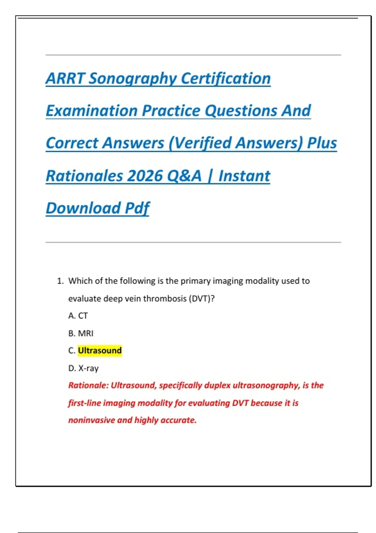 ARRT Sonography Certification Examination Practice Questions And ...