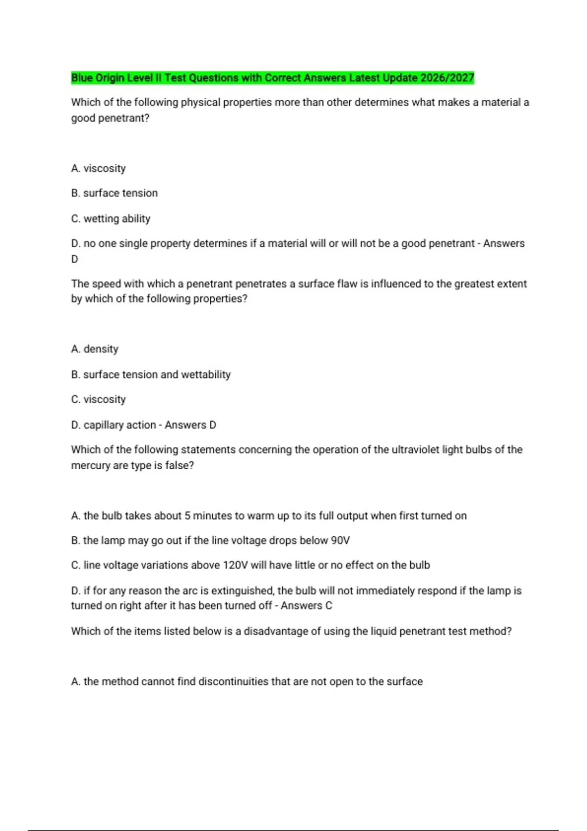 Blue Origin Level II Test Questions with Correct Answers Latest Update ...