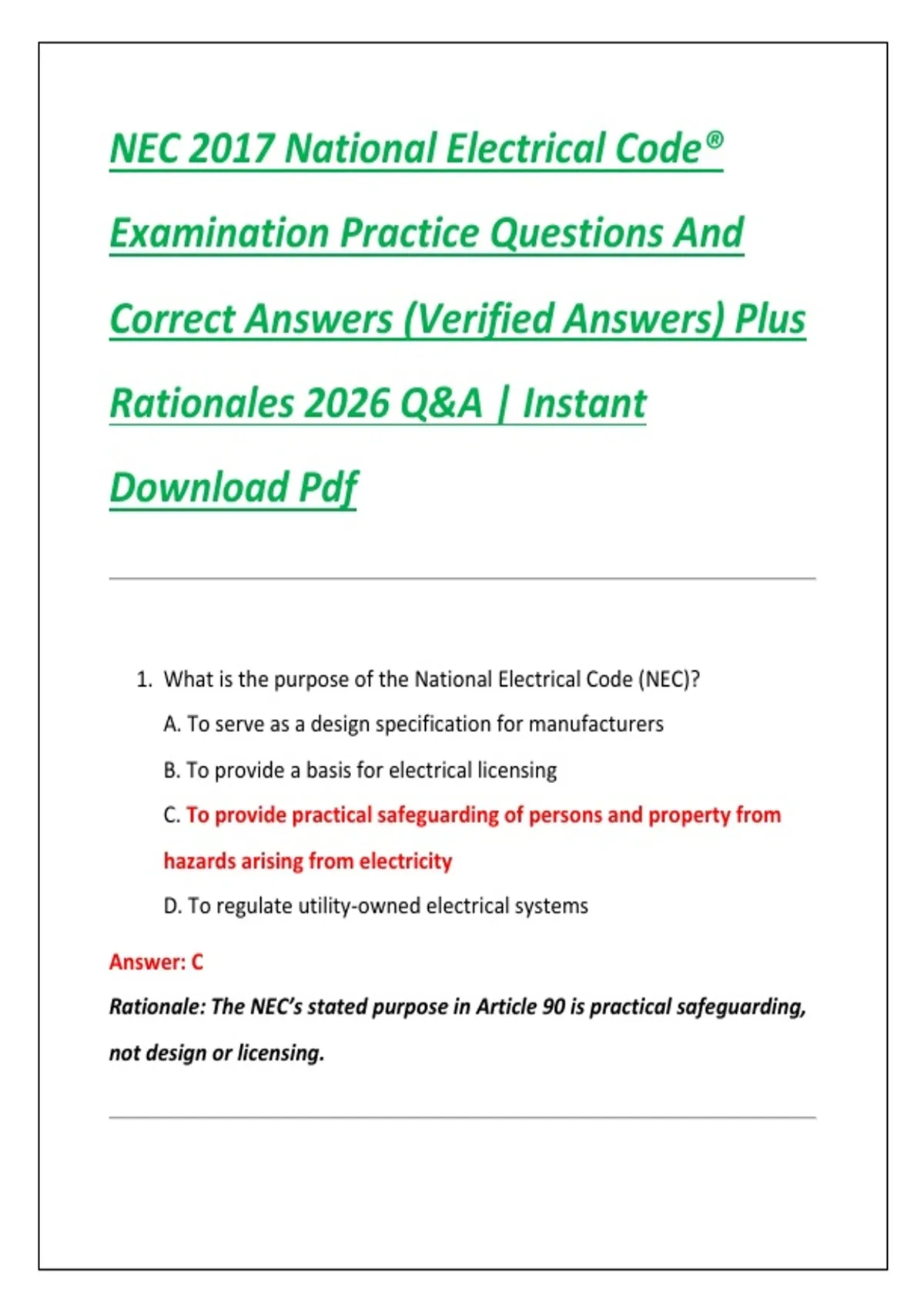 Nec Code Questions NEC 2017 National Electrical Code® Examination Practice Questions And ...