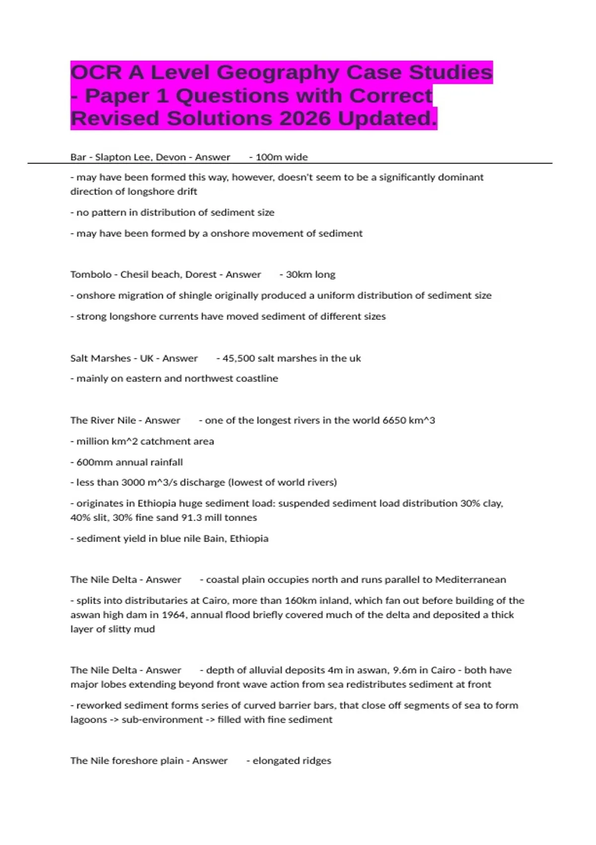 OCR A Level Geography Case Studies - Paper 1 Questions with Correct ...