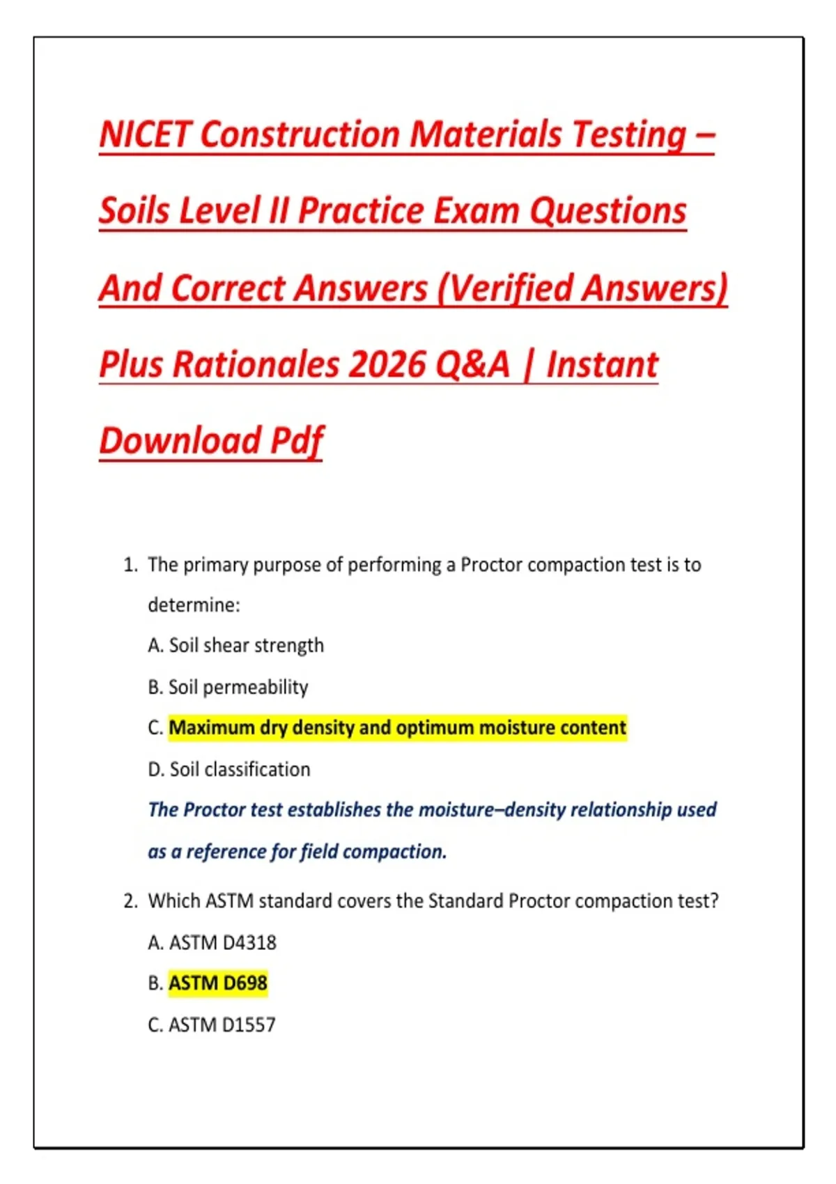 Soil Practical Test Questions NICET Construction Materials Testing – Soils Level II Practice Exam ...