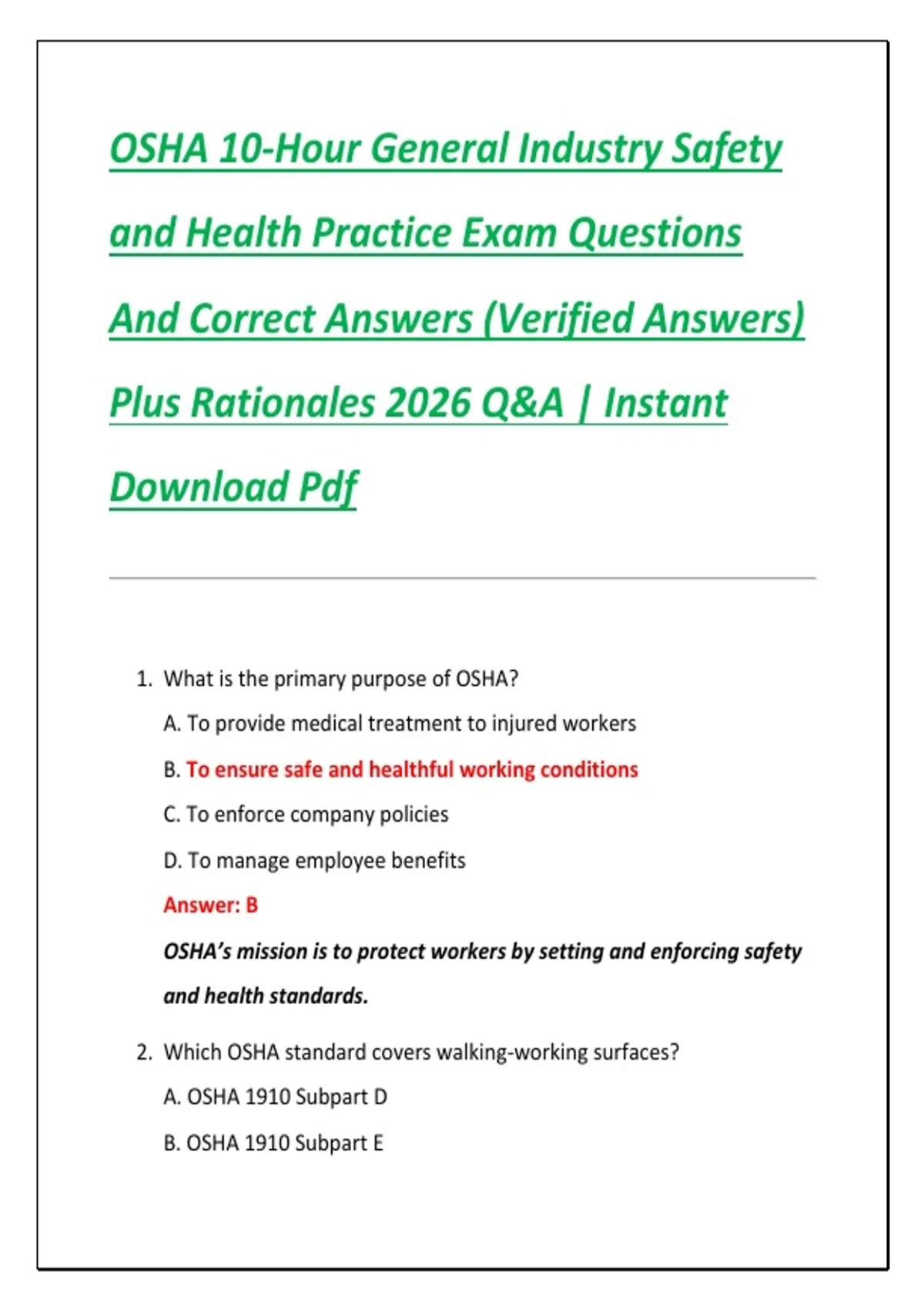 OSHA 10-Hour General Industry Safety and Health Practice Exam Questions ...