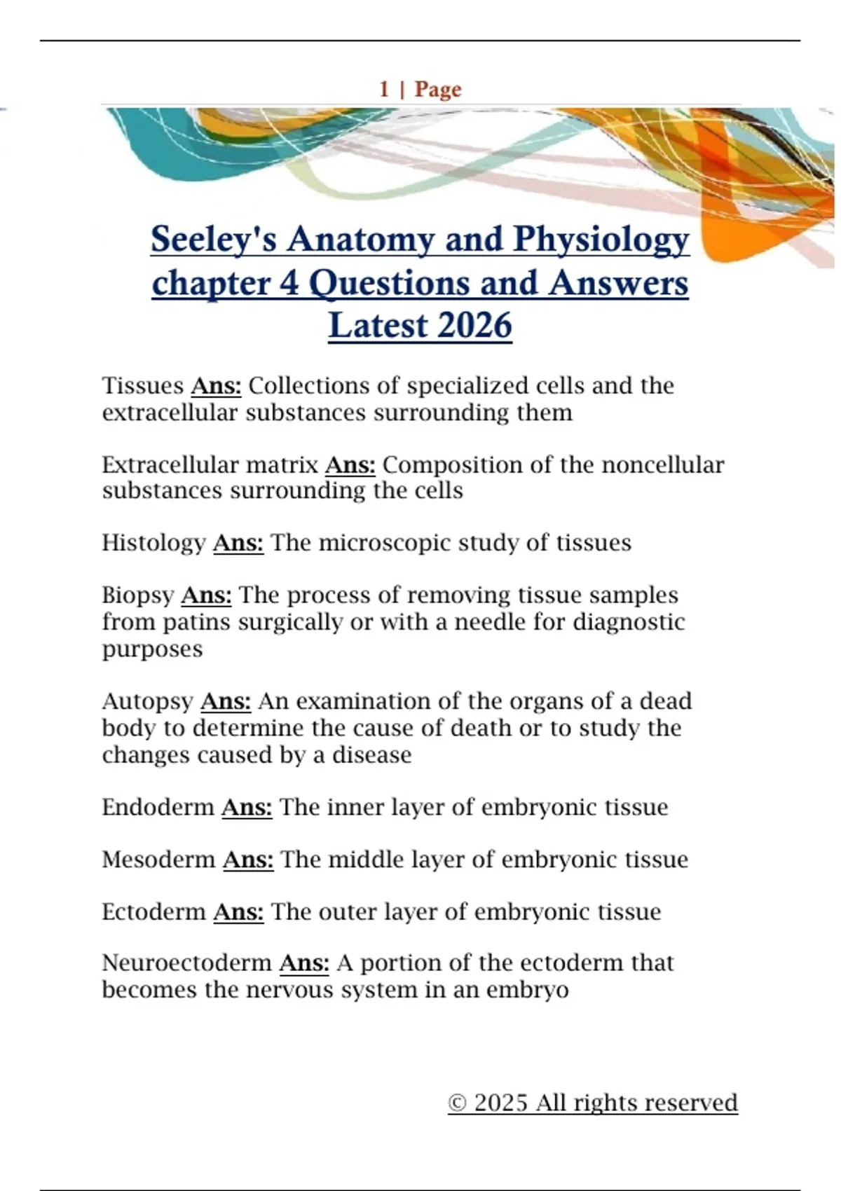 Seeley's Anatomy and Physiology chapter 4 Questions and Answers Latest ...