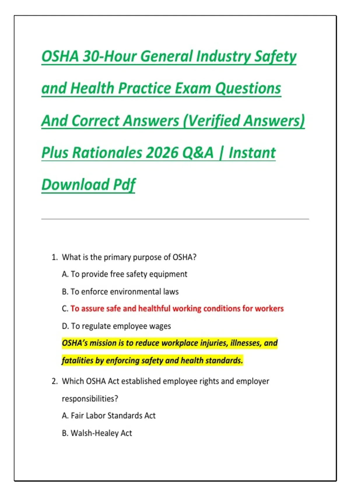 OSHA 30-Hour General Industry Safety and Health Practice Exam Questions And Correct Answers ...