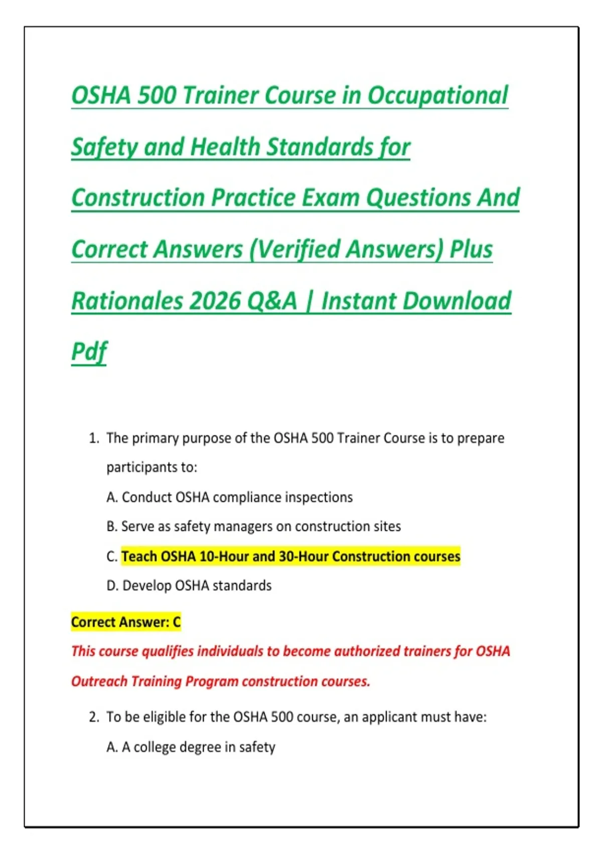 Practice Osh OSHA 500 Trainer Course in Occupational Safety and Health Standards for ...
