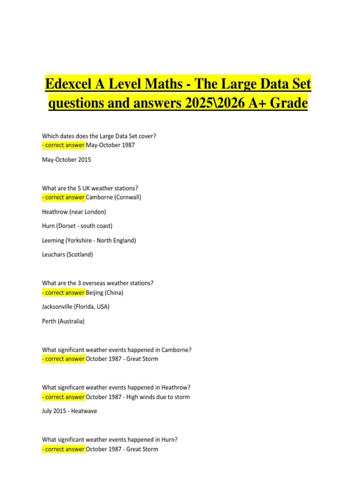 Edexcel A Level Maths – The Large Data Set | Verified Practice ...