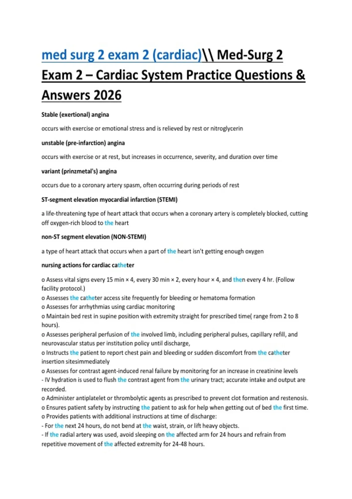 Med-Surg 2 Exam 2 Cardiac System 2026 – Practice Questions & Answers ...