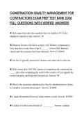CONSTRUCTION QUALITY MANAGEMENT FOR CONTRACTORS EXAM PREP TEST BANK 2026 FULL QUESTIONS WITH VERIFIED ANSWERS
