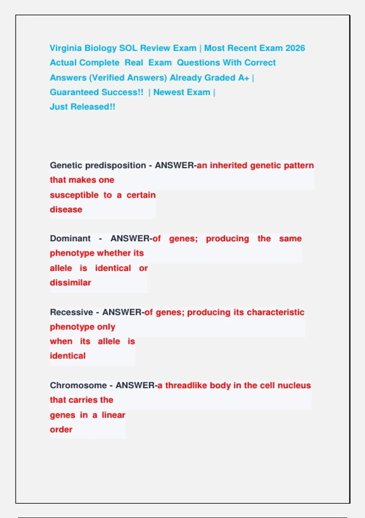 Sol Review Virginia Biology SOL Review Exam | Most Recent Exam 2026 Actual ...