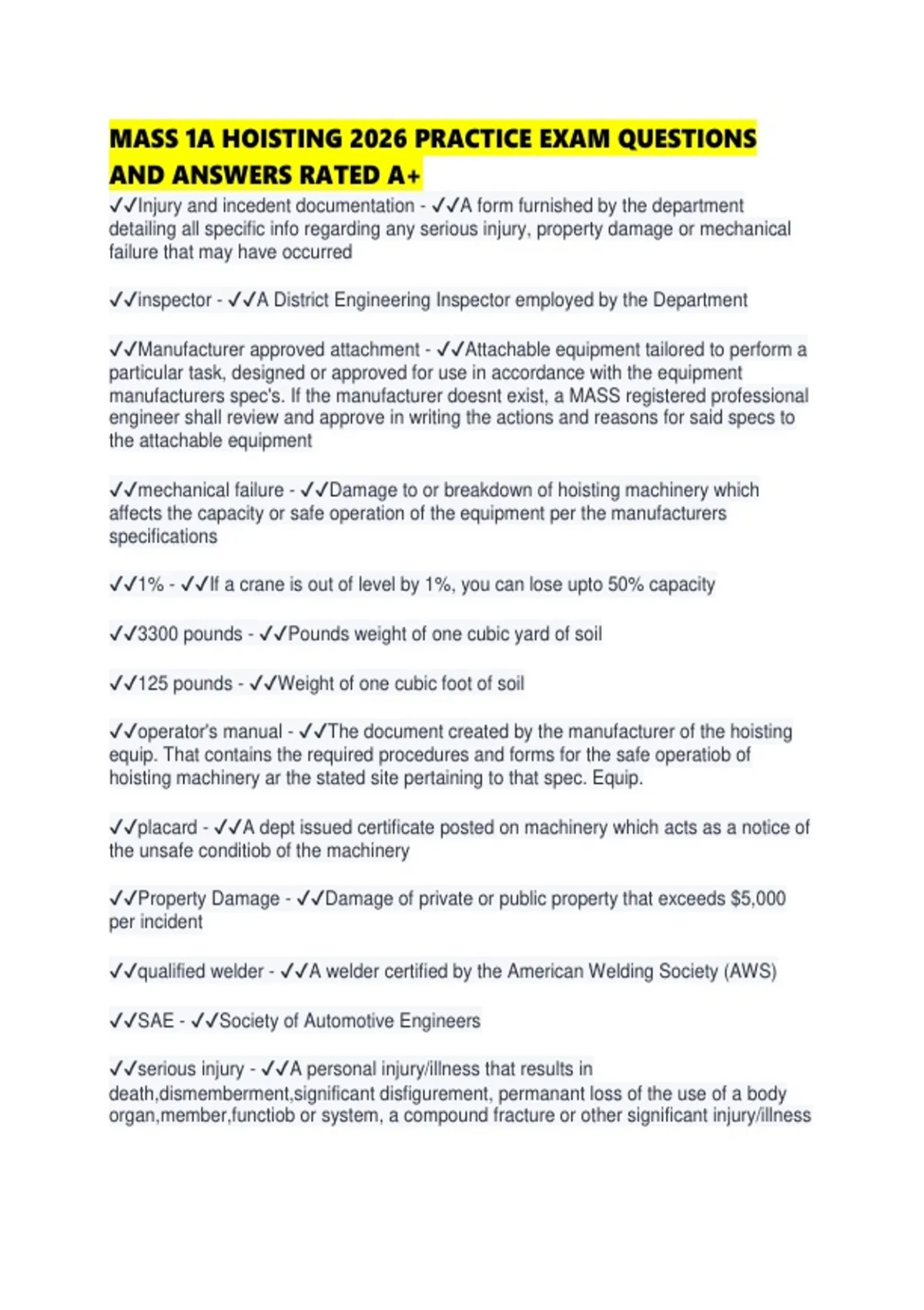 MASS 1A HOISTING 2026 PRACTICE EXAM QUESTIONS AND ANSWERS RATED A+ - MASS 1A - Stuvia US